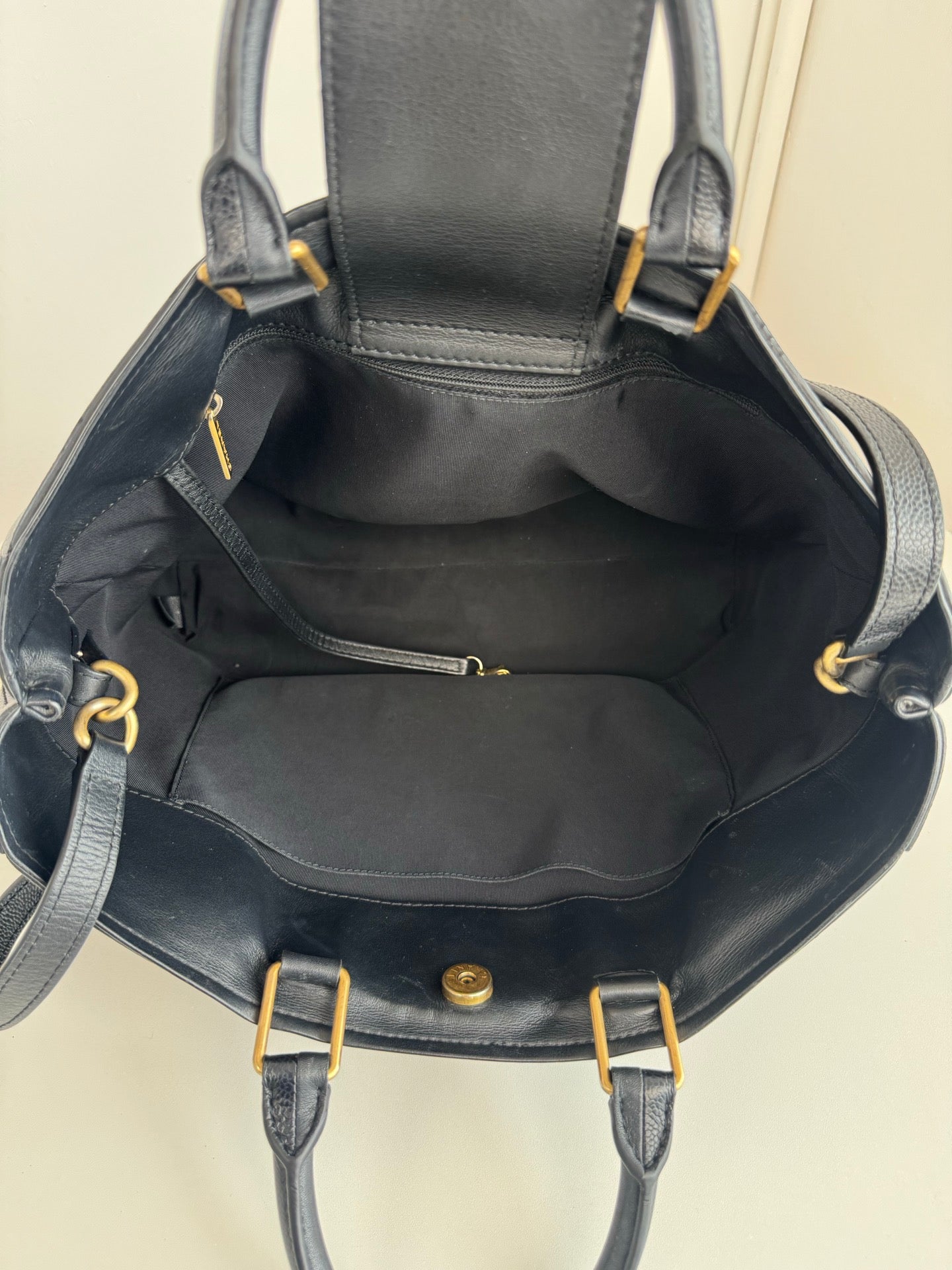 Chanel Diamond Calfskin Tote Top Handle Crossbody Black Gold Classic Women