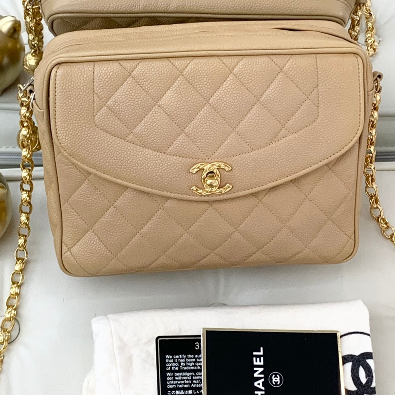 Chanel Calfskin Chain Shoulder Cossbody Bag Beige Gold Hardware Women S