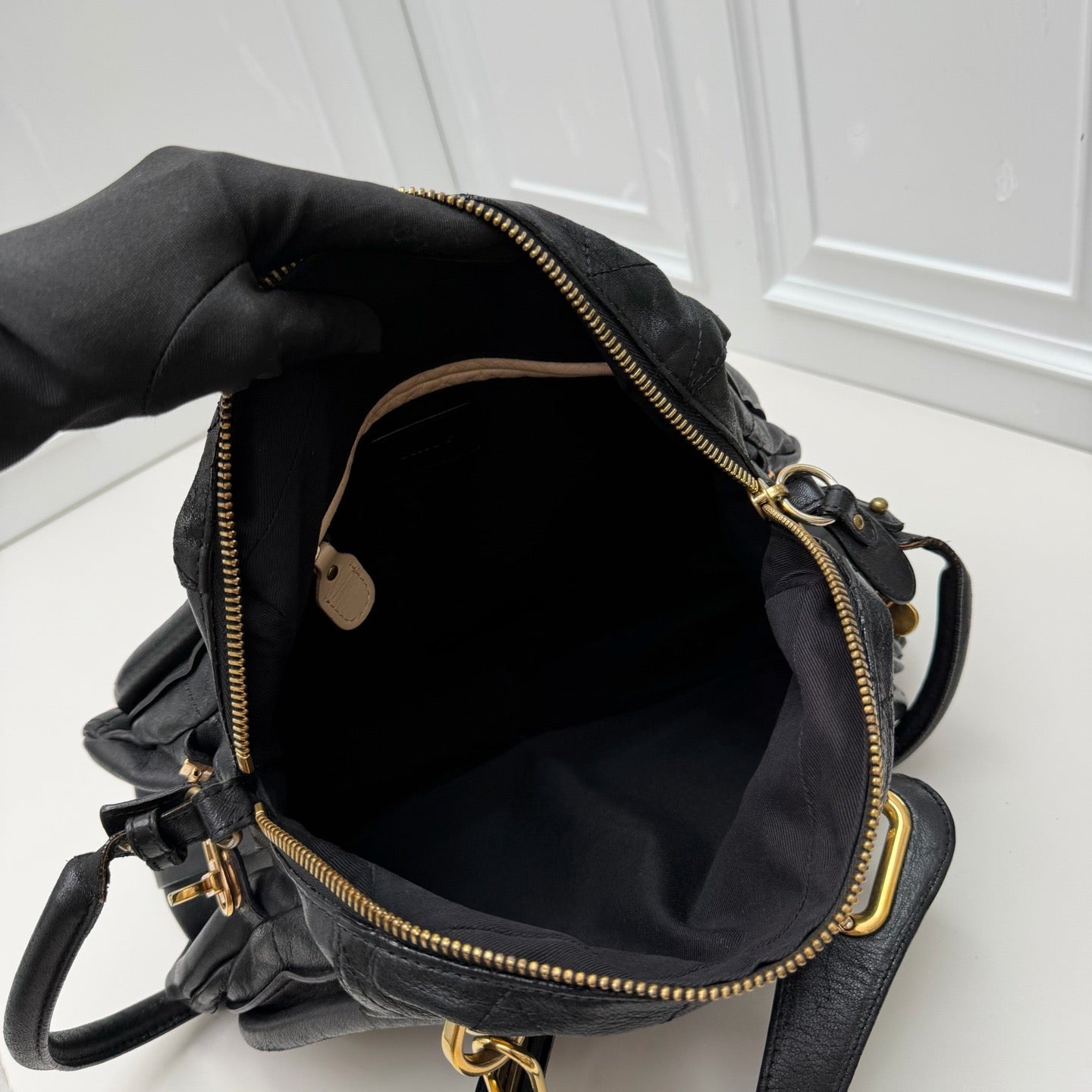 Chloe Paraty Calfskin Top Handle Shoulder Bag Black Gold Women Classic