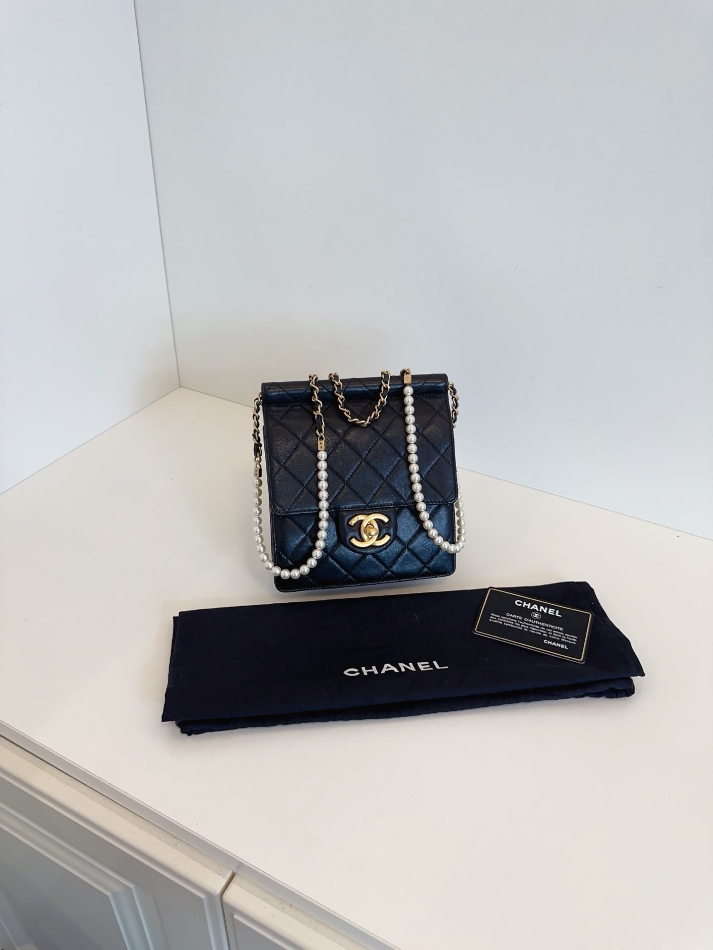 CHANEL Mini Vertical Flap Bag with Pearl Chain - Black & Gold-Tone Hardware
