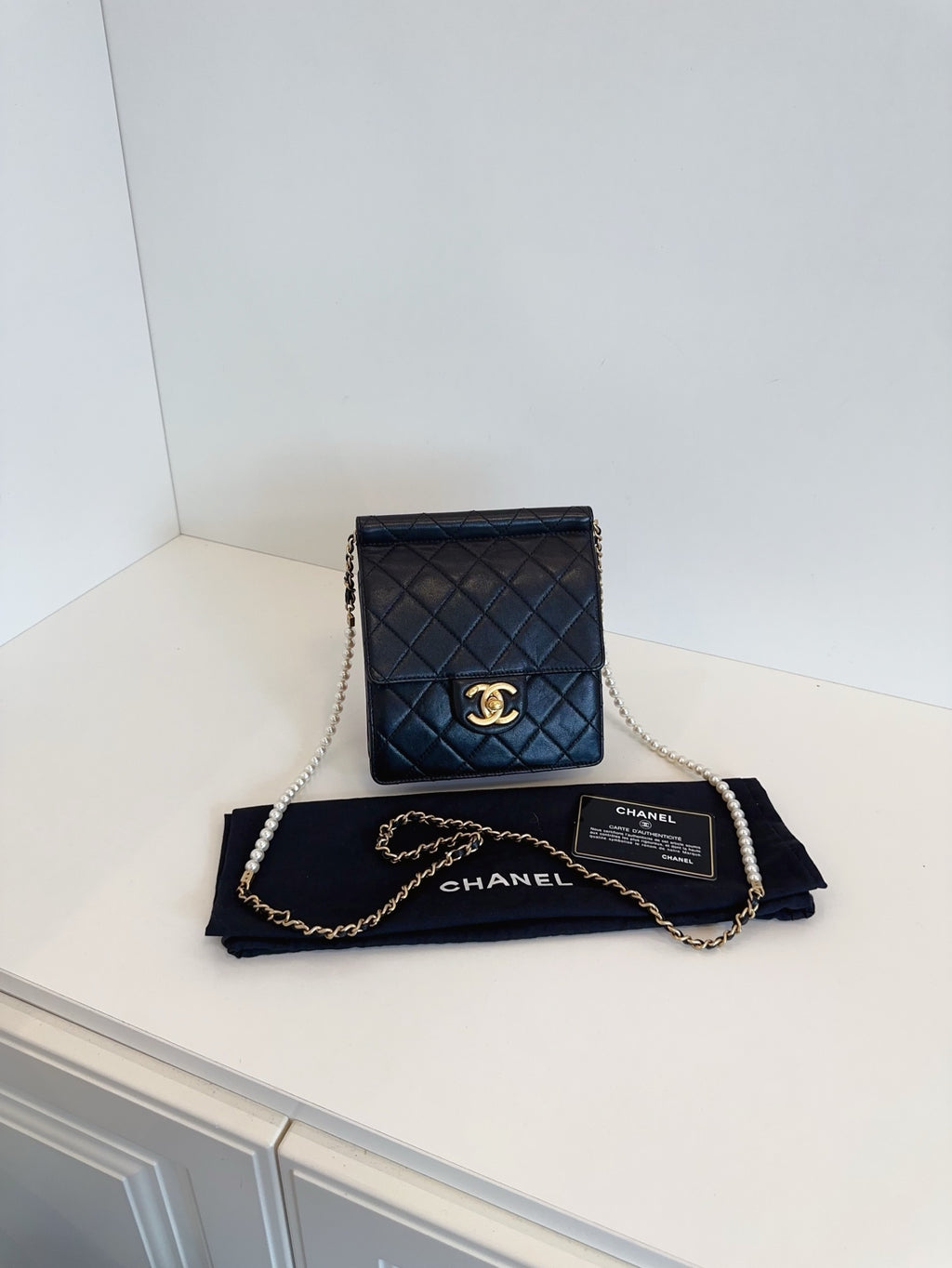 CHANEL Mini Vertical Flap Bag with Pearl Chain - Black & Gold-Tone Hardware - Pre-Owned