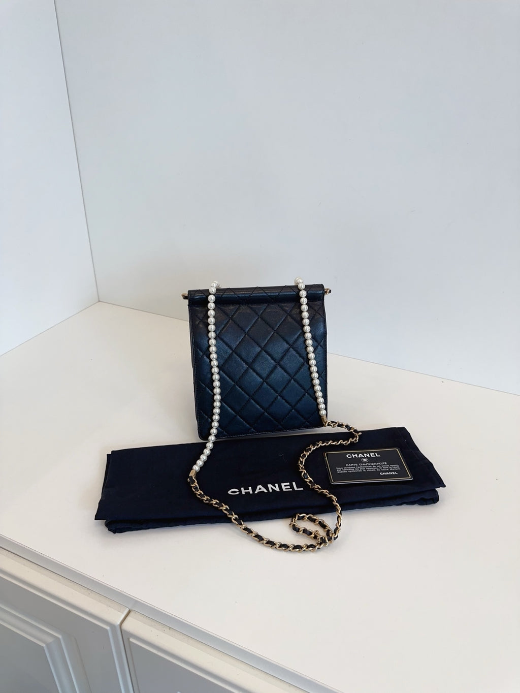 CHANEL Mini Vertical Flap Bag with Pearl Chain - Black & Gold-Tone Hardware - Pre-Owned