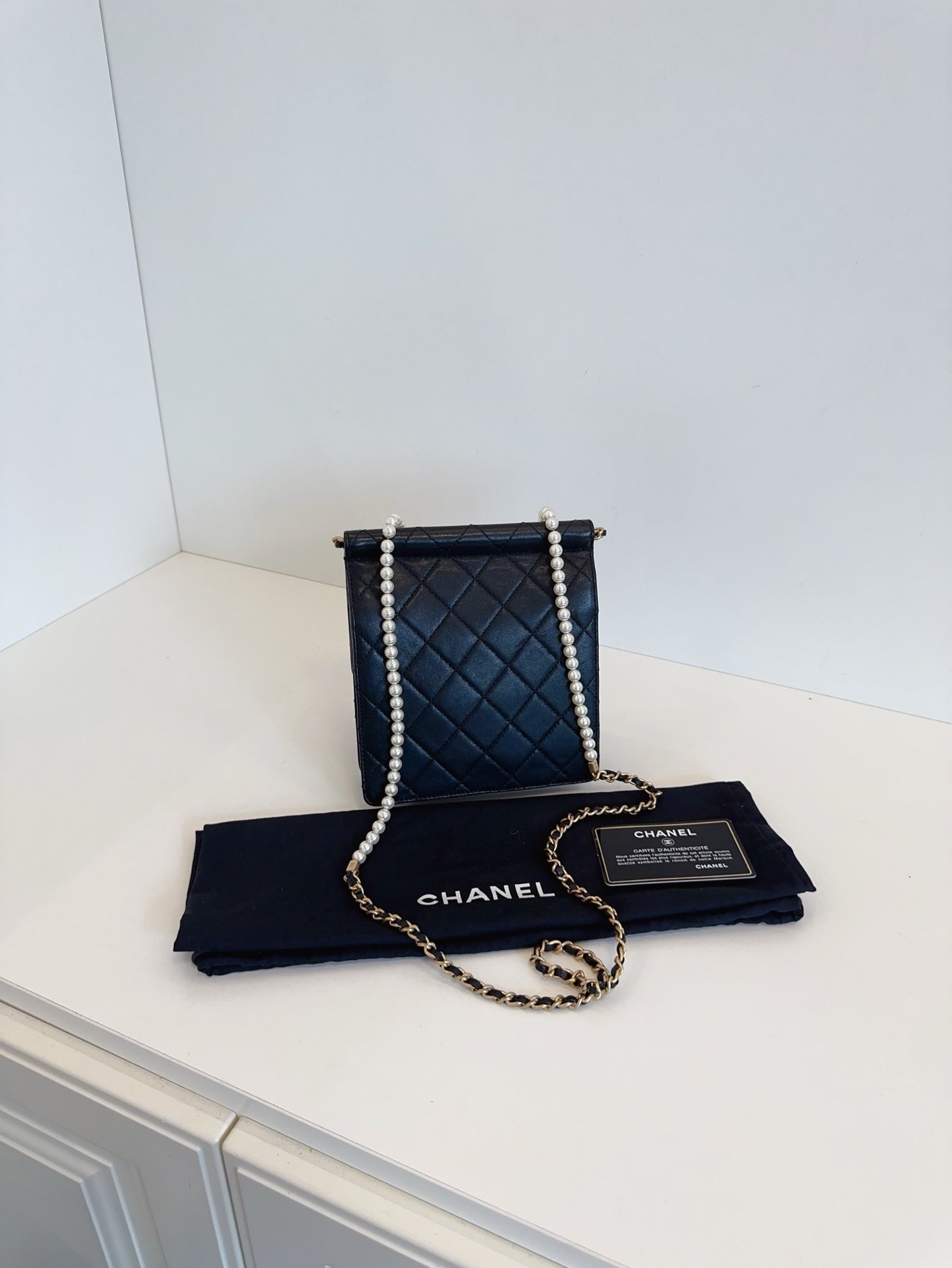 CHANEL Mini Vertical Flap Bag with Pearl Chain - Black & Gold-Tone Hardware