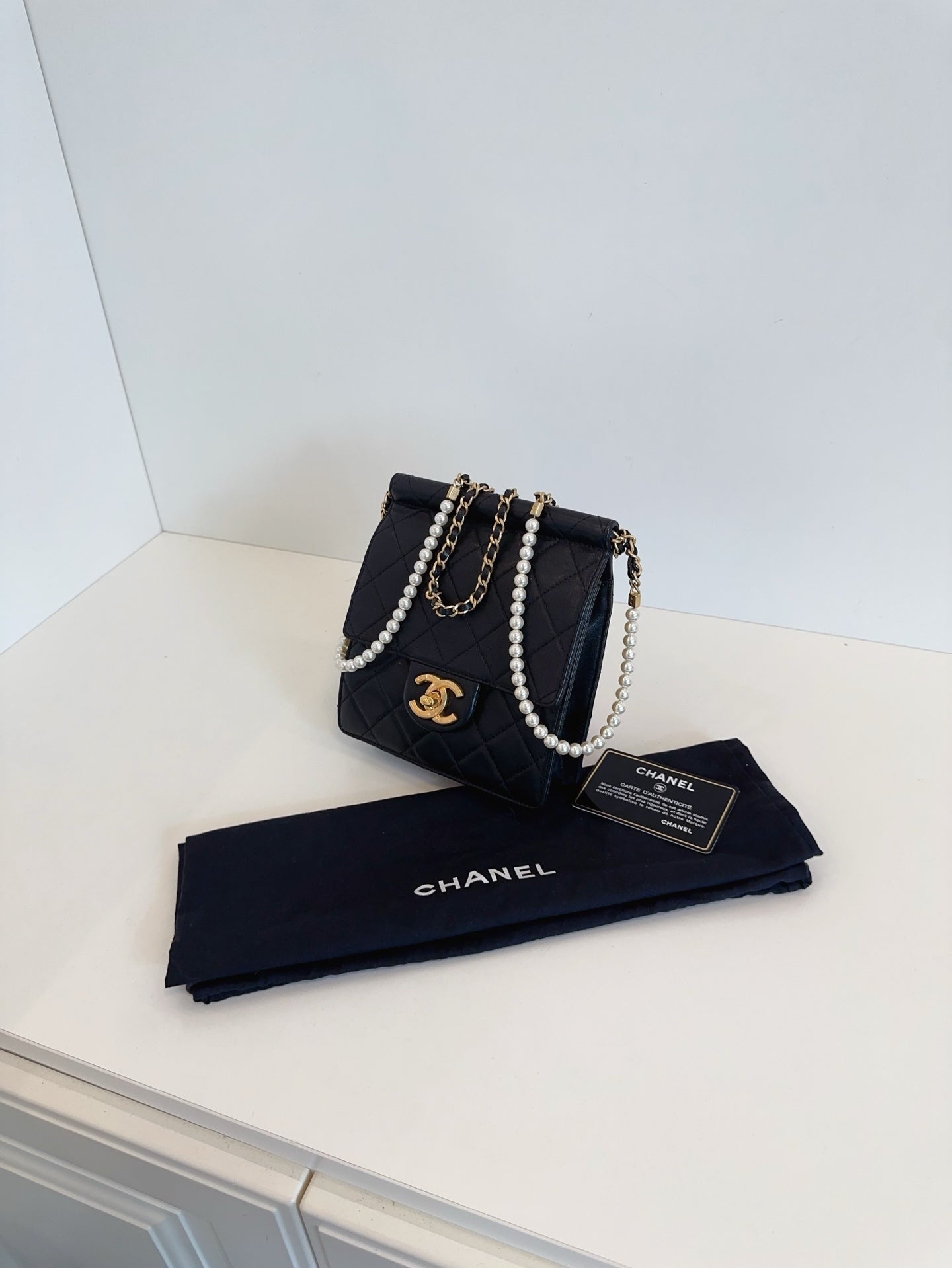 CHANEL Mini Vertical Flap Bag with Pearl Chain - Black & Gold-Tone Hardware
