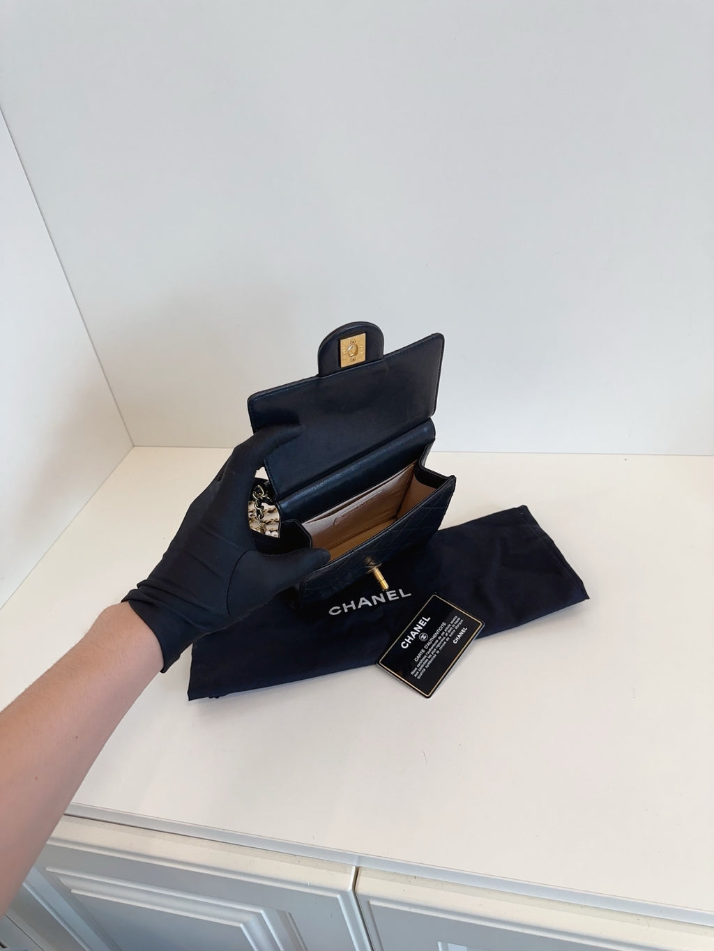 CHANEL Mini Vertical Flap Bag with Pearl Chain - Black & Gold-Tone Hardware - Pre-Owned