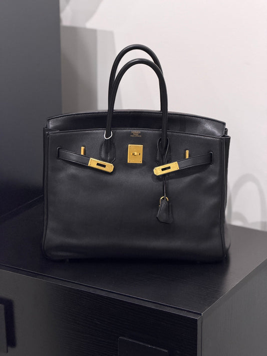 Hermès Birkin 35 in Black Evergrain Leather with Gold Hardware - Stamp L - Pre-Owned