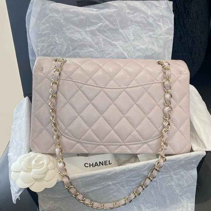 Chanel Classic Flap PM Calfskin Chain Shoulder Bag Crossbody Pink Gold Women D