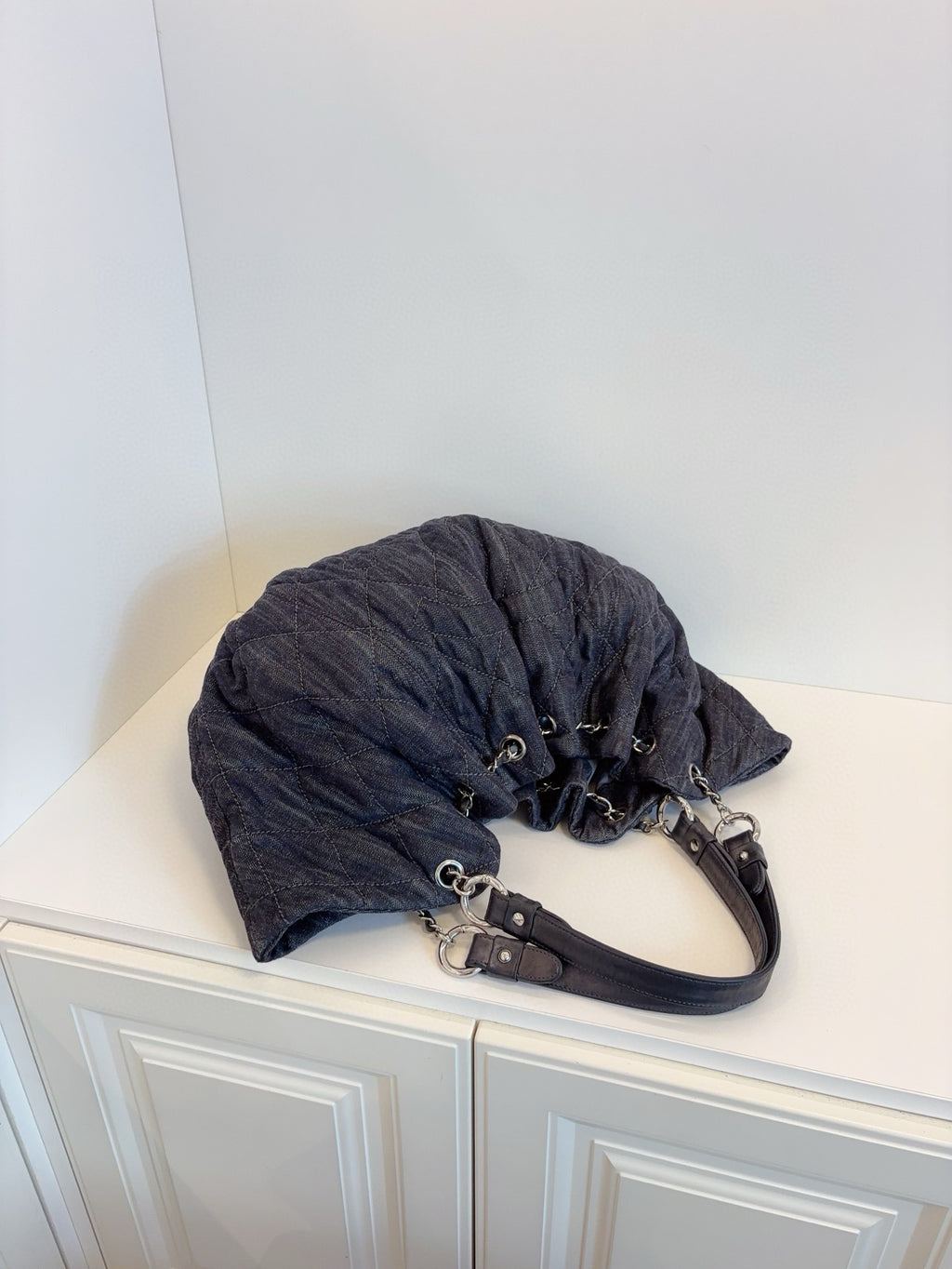 Chanel Double C Hobo Shoulder Bag Black Denim Stitched Logo Drawstring