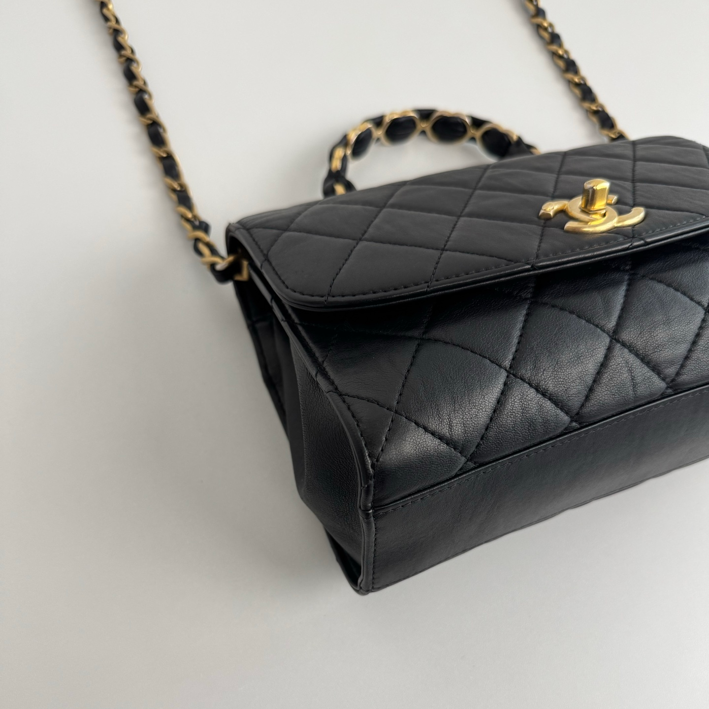 Chanel Kelly Black Quilted Leather Top Handle Crossbody Flap Bag Gold Hardware