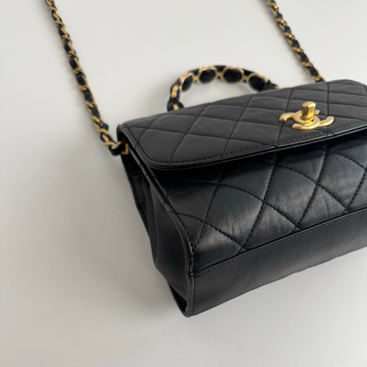 Chanel Kelly Black Quilted Leather Top Handle Crossbody Flap Bag Gold Hardware