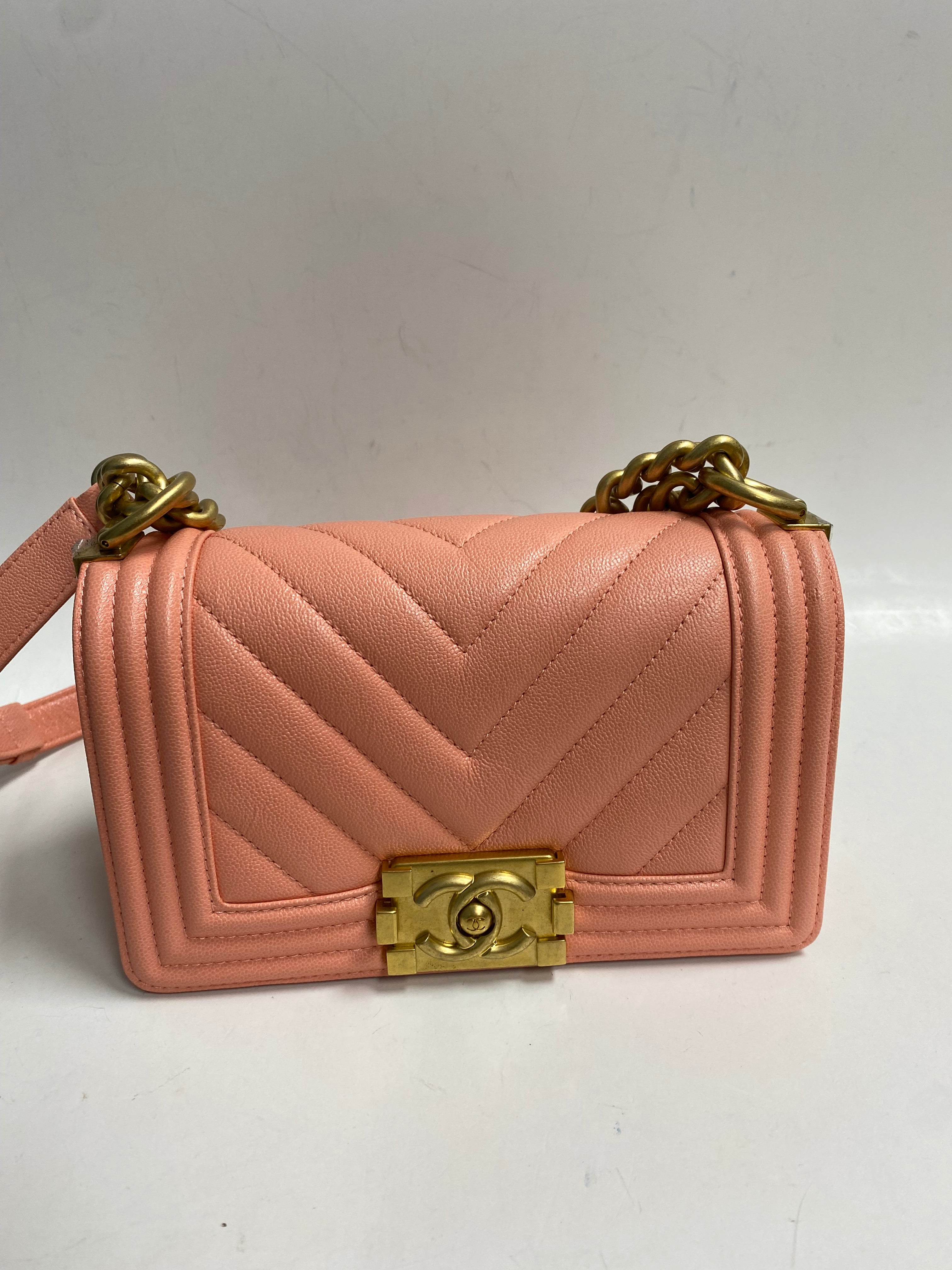 CHANEL Chevron Quilted Small Le Boy Bag Pink with Microchip