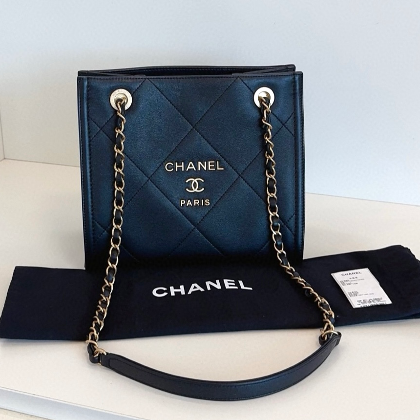 Chanel Calfskin Tote PM Chain Shoulder Bag Diamond Black Gold Women Classic