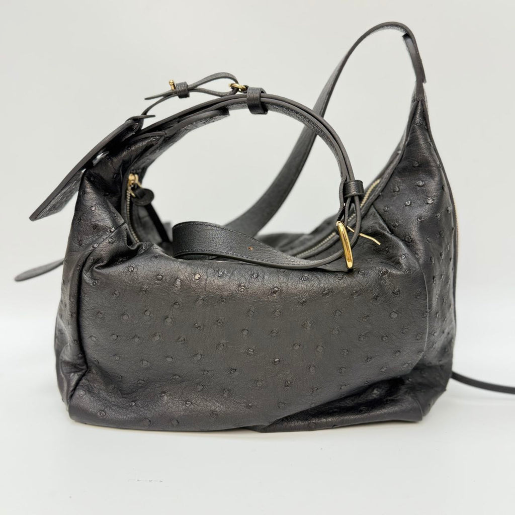 Original Design | High-End Handcrafted Custom Bag-BUBU HOBO(Black Ostrich Leather) - Pre-Owned