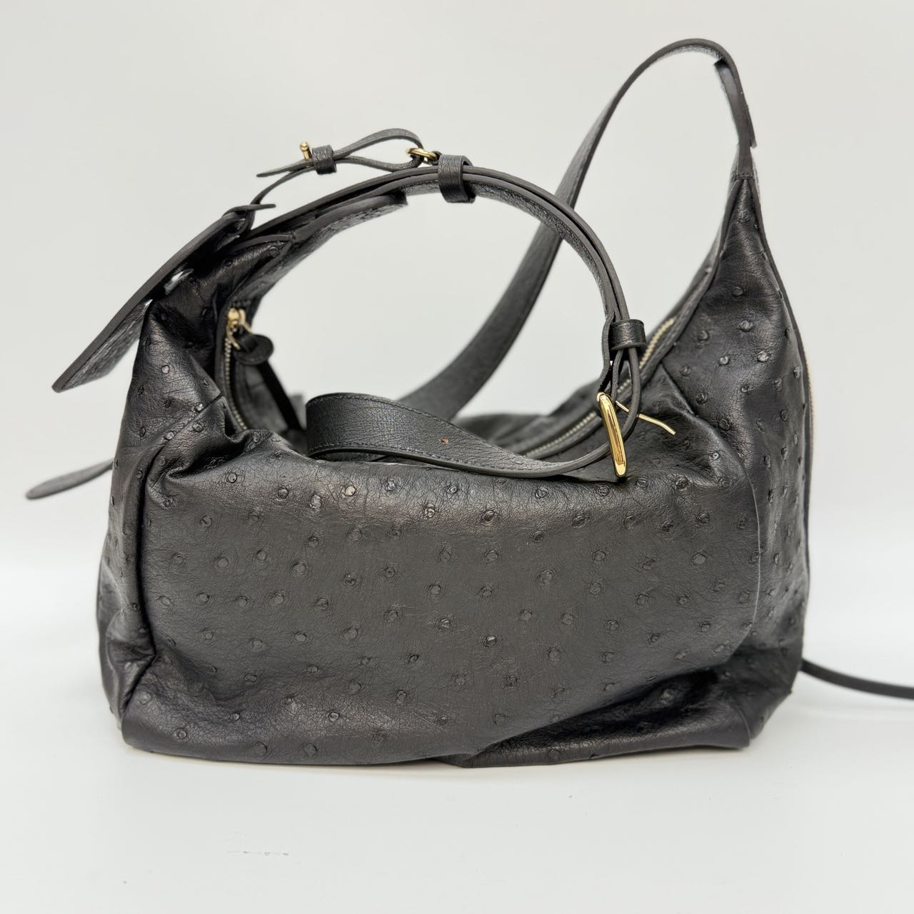 Original Design | High-End Handcrafted Custom Bag-BUBU HOBO(Black Ostrich Leather) - Pre-Owned