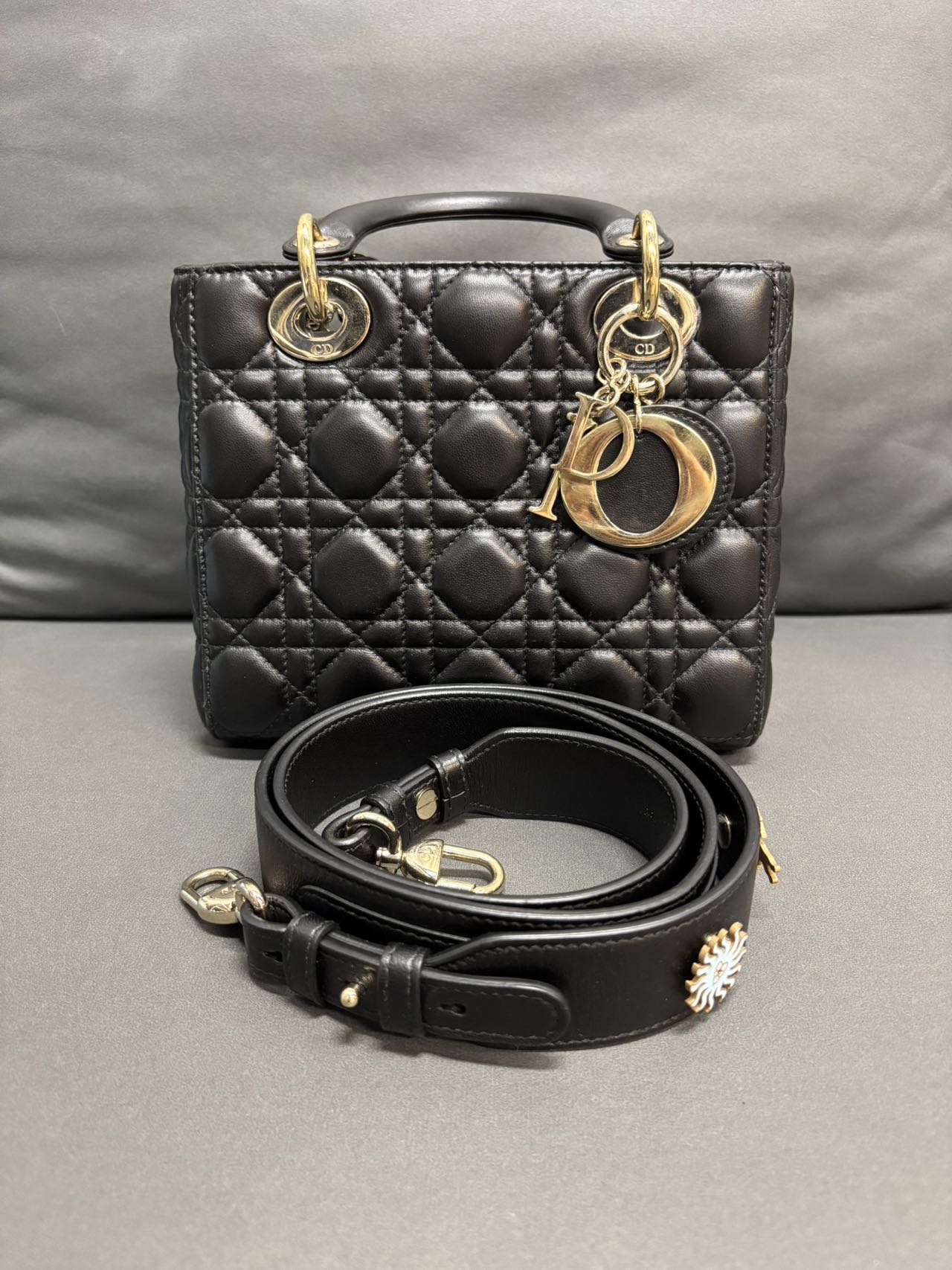 Lady Dior Bag (4 Compartments) in Black and Gold - Pre-Owned