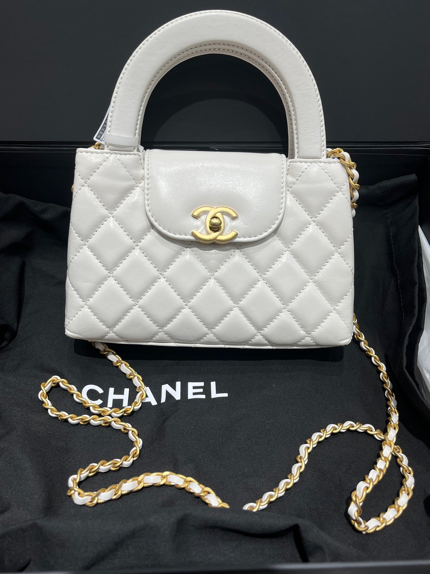 Chanel White Gold Kelly Handbag Crossbody Bag Calfskin Leather