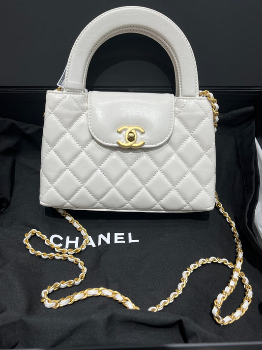 Chanel White Gold Kelly Handbag Crossbody Bag Calfskin Leather