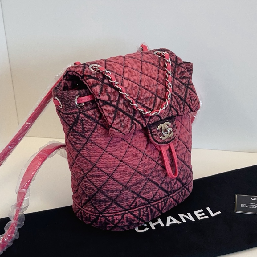 Chanel Washed Denim Backpack Mini Diamond Pink Silver Used Women Classic