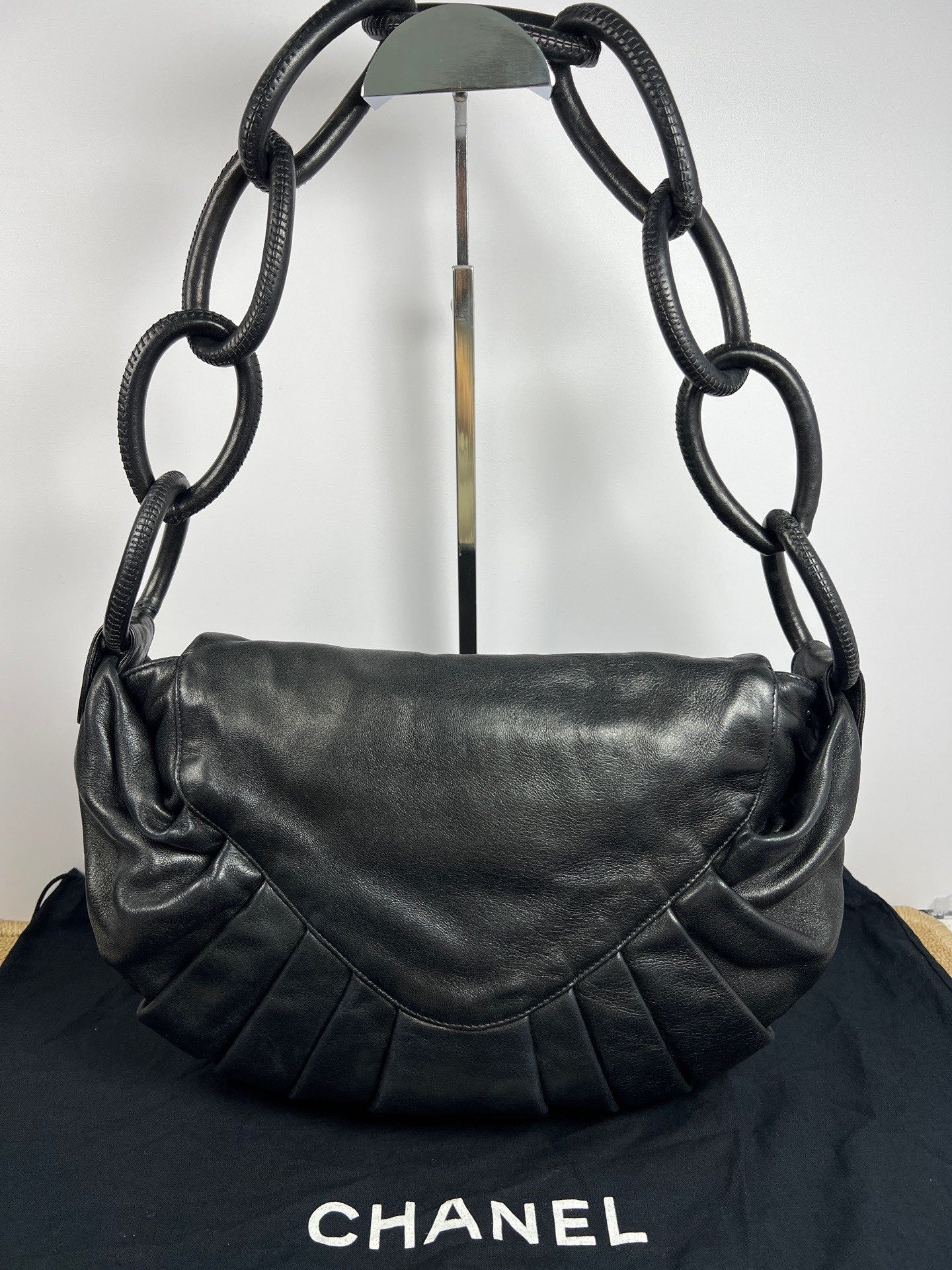 Chanel Vintage Hobo Bag Chain Handbag Shoulder Bag Black Silver Used Women