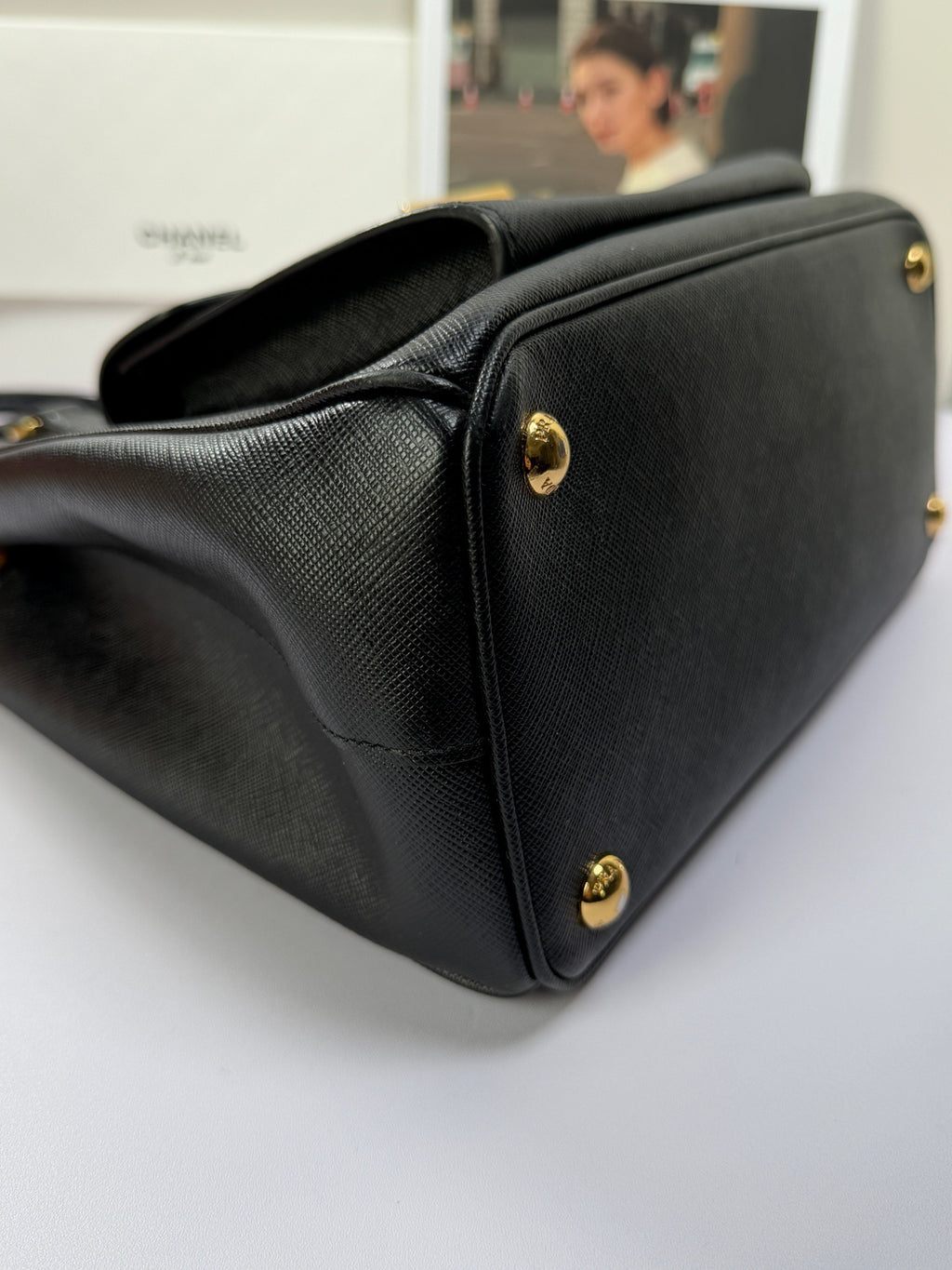Prada Front Pocket Tote Top Handle Bag Black Gold Used Women Classic