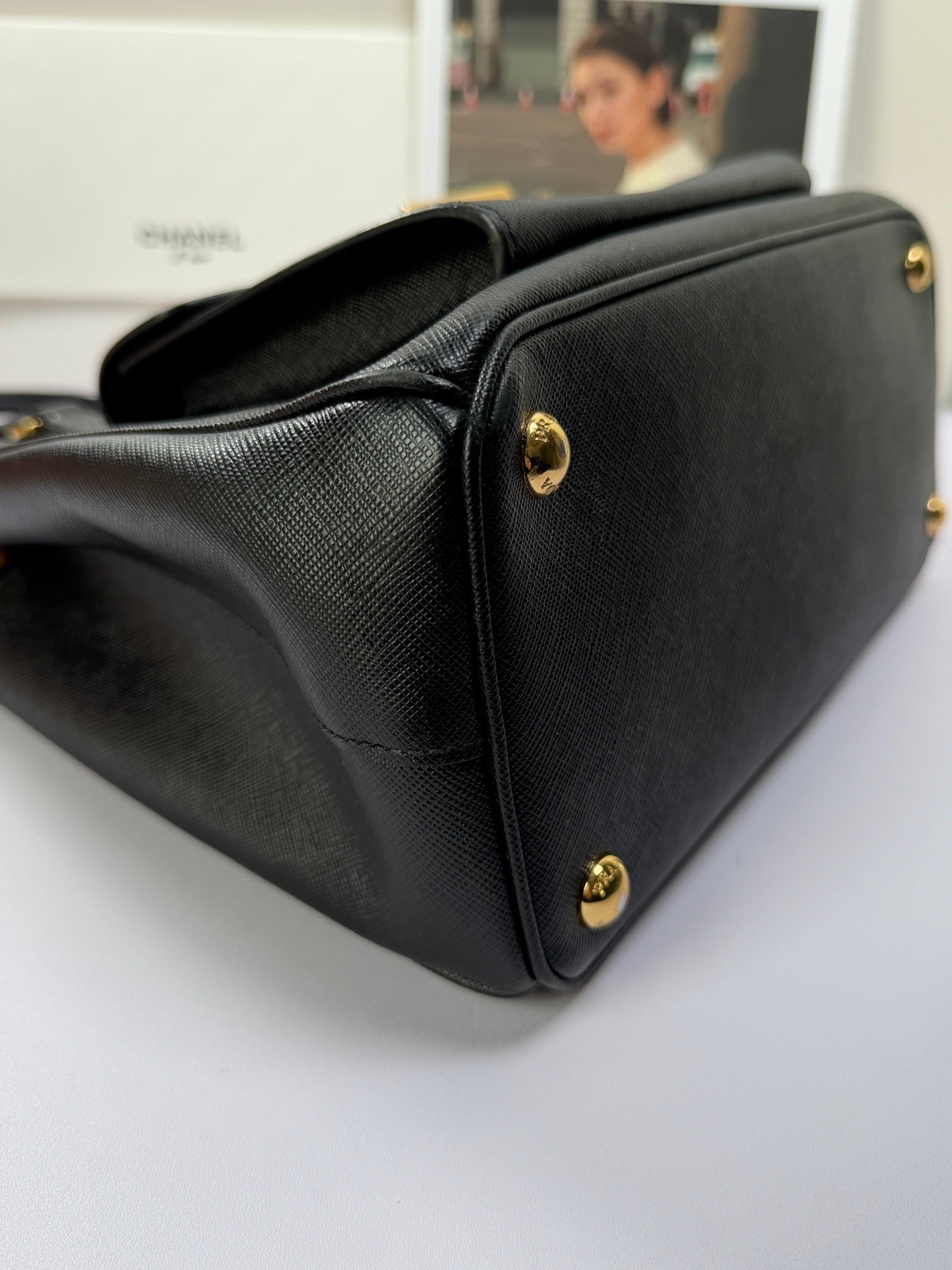 Prada Front Pocket Tote Top Handle Bag Black Gold Used Women Classic
