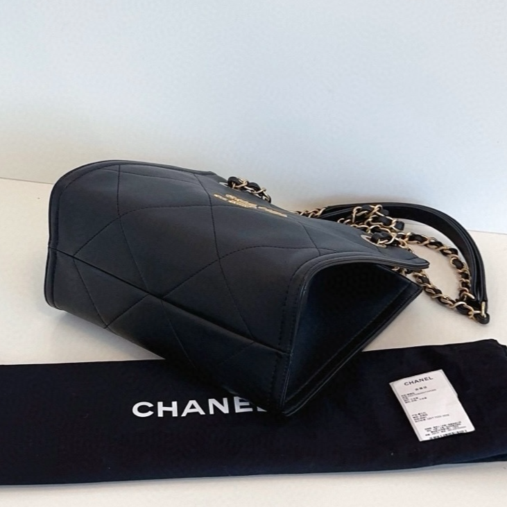 Chanel Calfskin Tote PM Chain Shoulder Bag Diamond Black Gold Women Classic