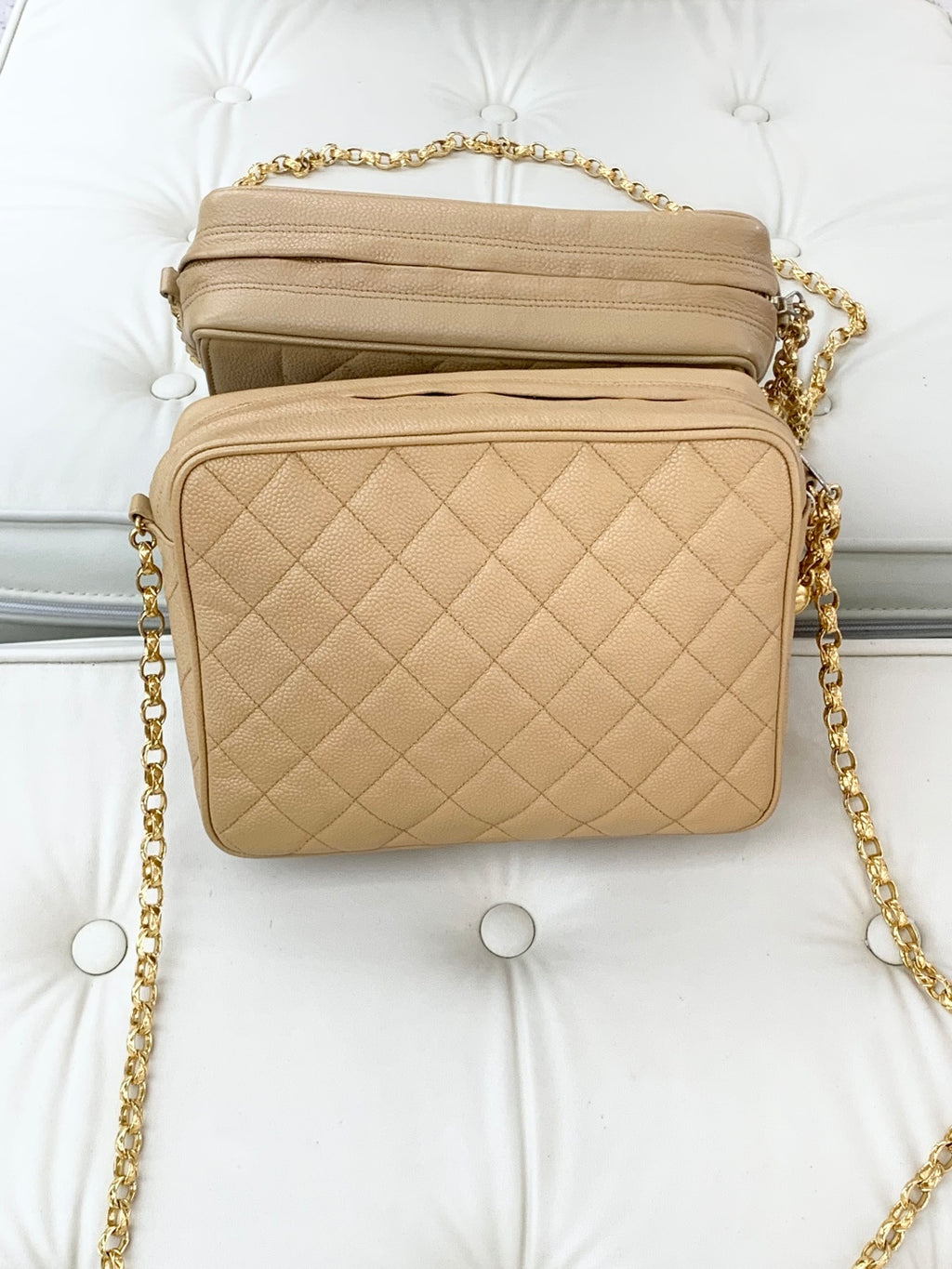 Chanel Calfskin Chain Shoulder Cossbody Bag Beige Gold Hardware Women S