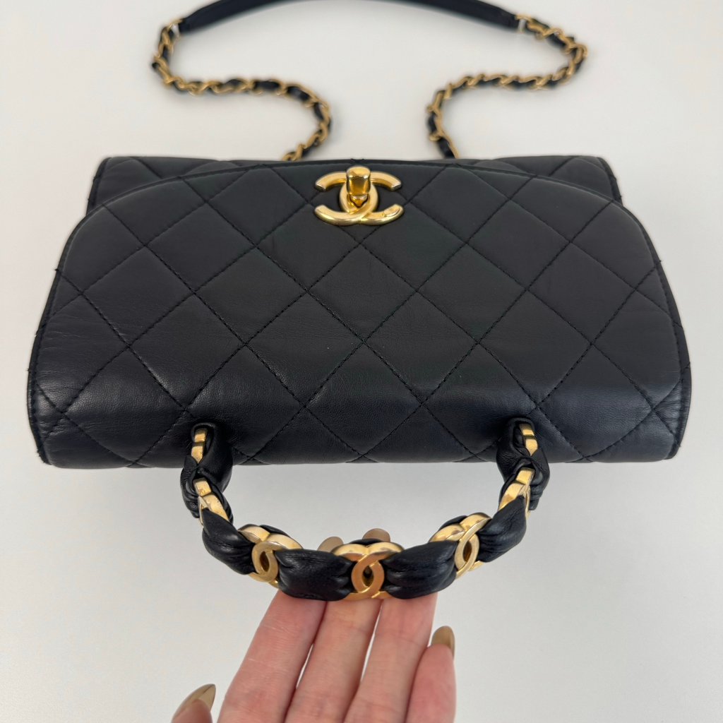 Chanel Kelly Black Quilted Leather Top Handle Crossbody Flap Bag Gold Hardware