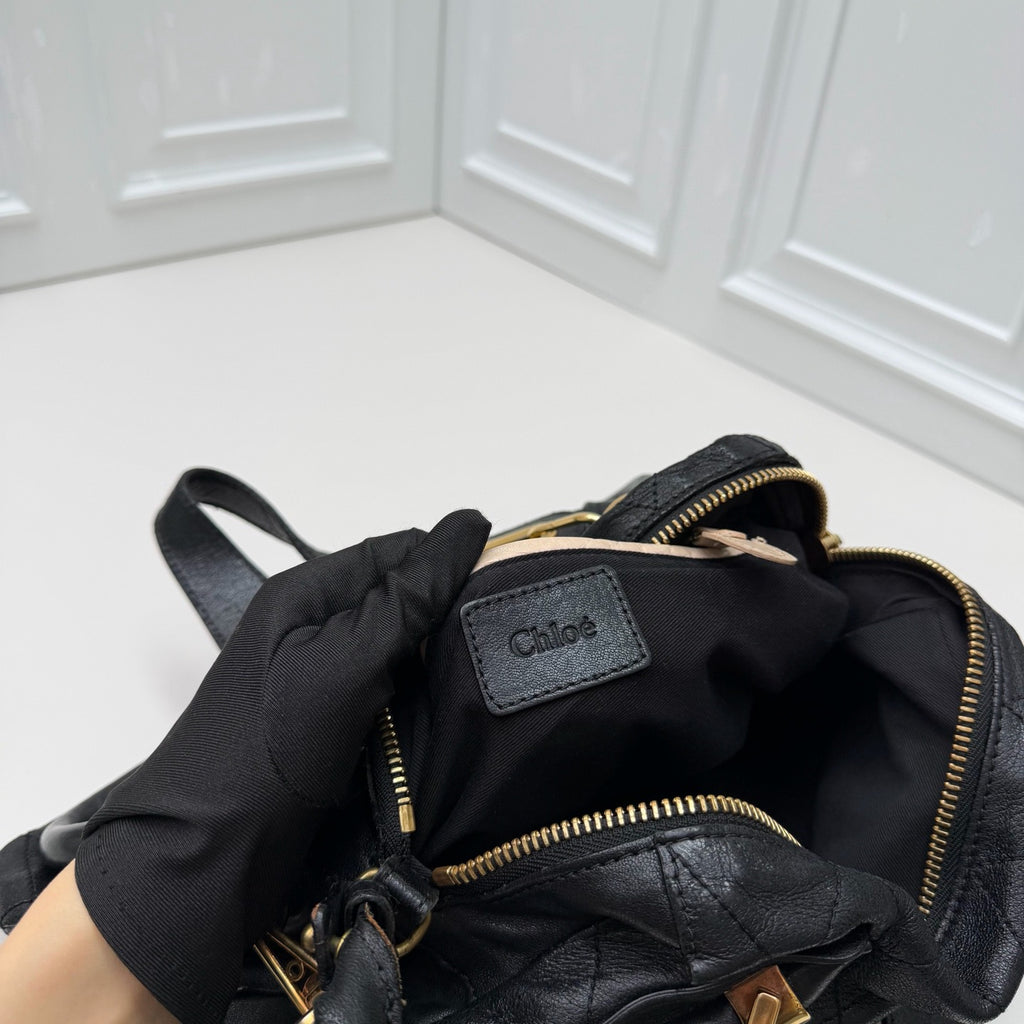 Chloe Paraty Calfskin Top Handle Shoulder Bag Black Gold Women Classic