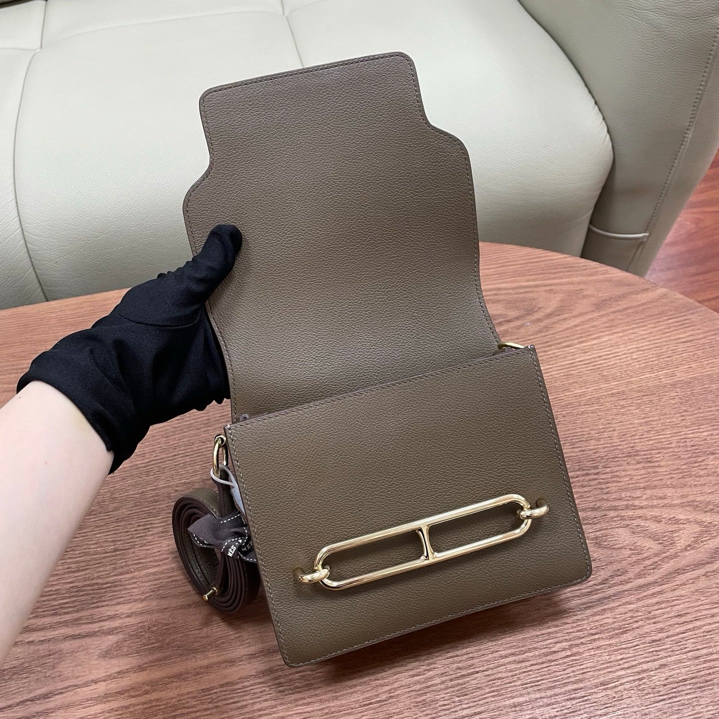 Hermes Roulis19 Evercolor Shoulder Bag Crossbody Gray Gold Women Classic Fashion