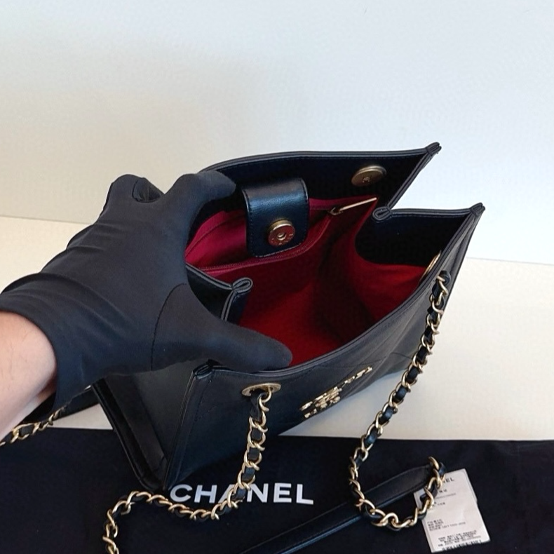 Chanel Calfskin Tote PM Chain Shoulder Bag Diamond Black Gold Women Classic