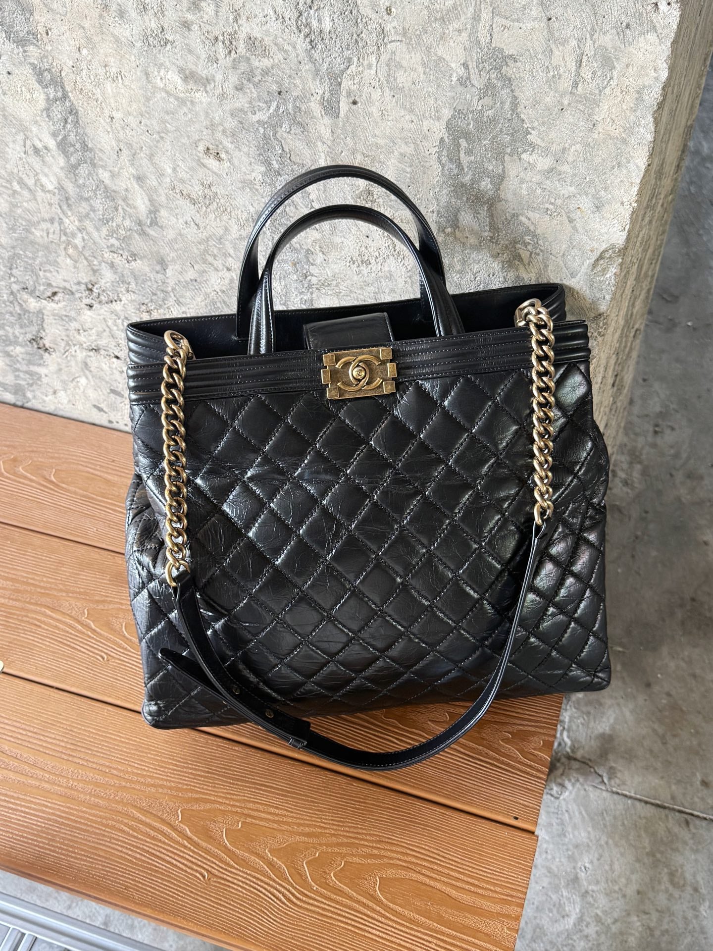 Authentic Chanel Leboy Tote Oil Wax Chain Top Handle Shoulder Bag Black GHD