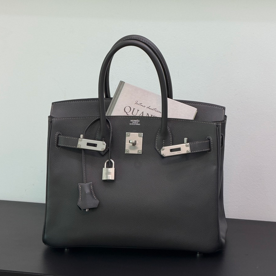 Hermes Birkin30 Epsom Leather Gray Handbag Silver Hardware Good Condition