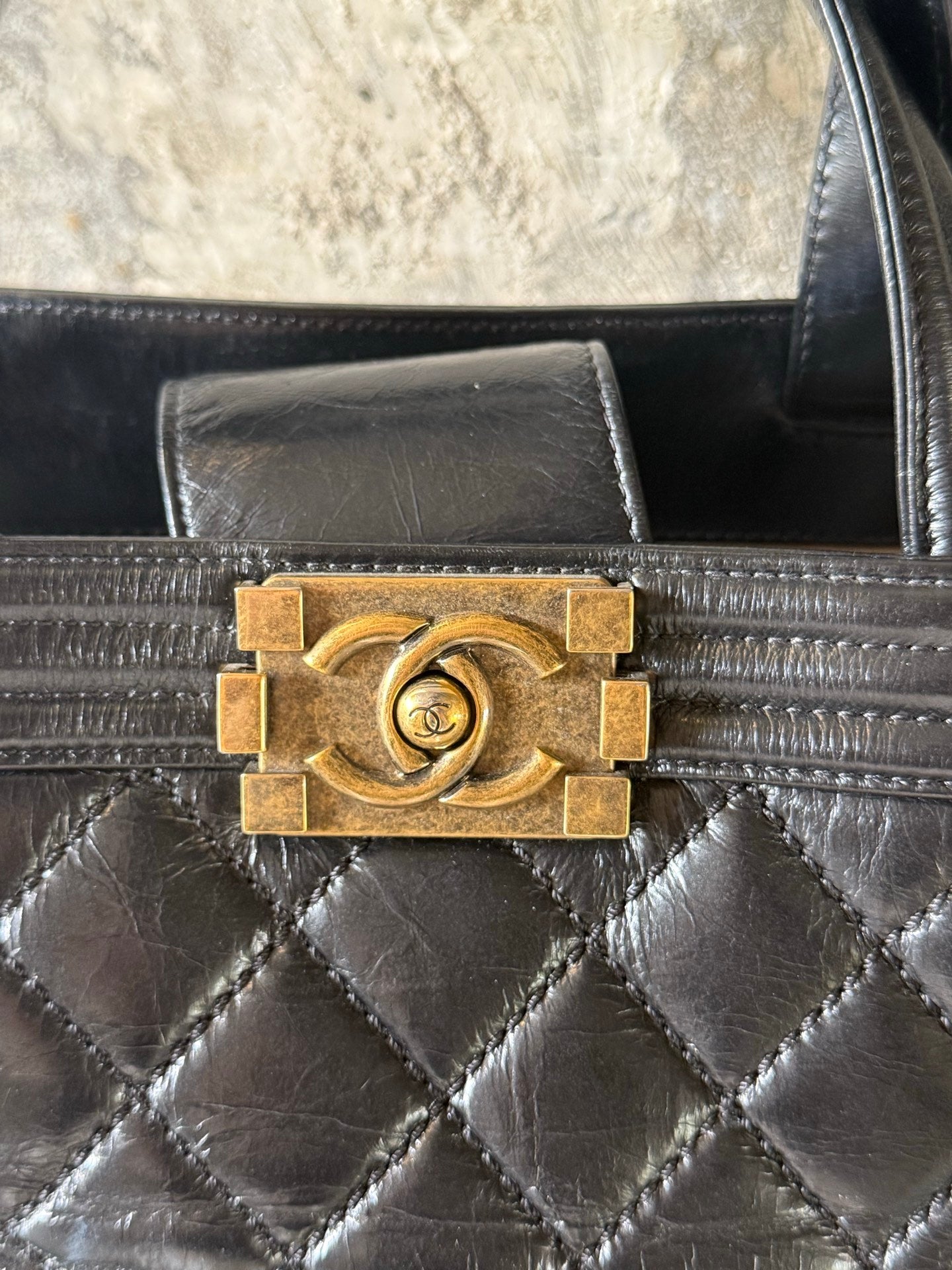 Authentic Chanel Leboy Tote Oil Wax Chain Top Handle Shoulder Bag Black GHD