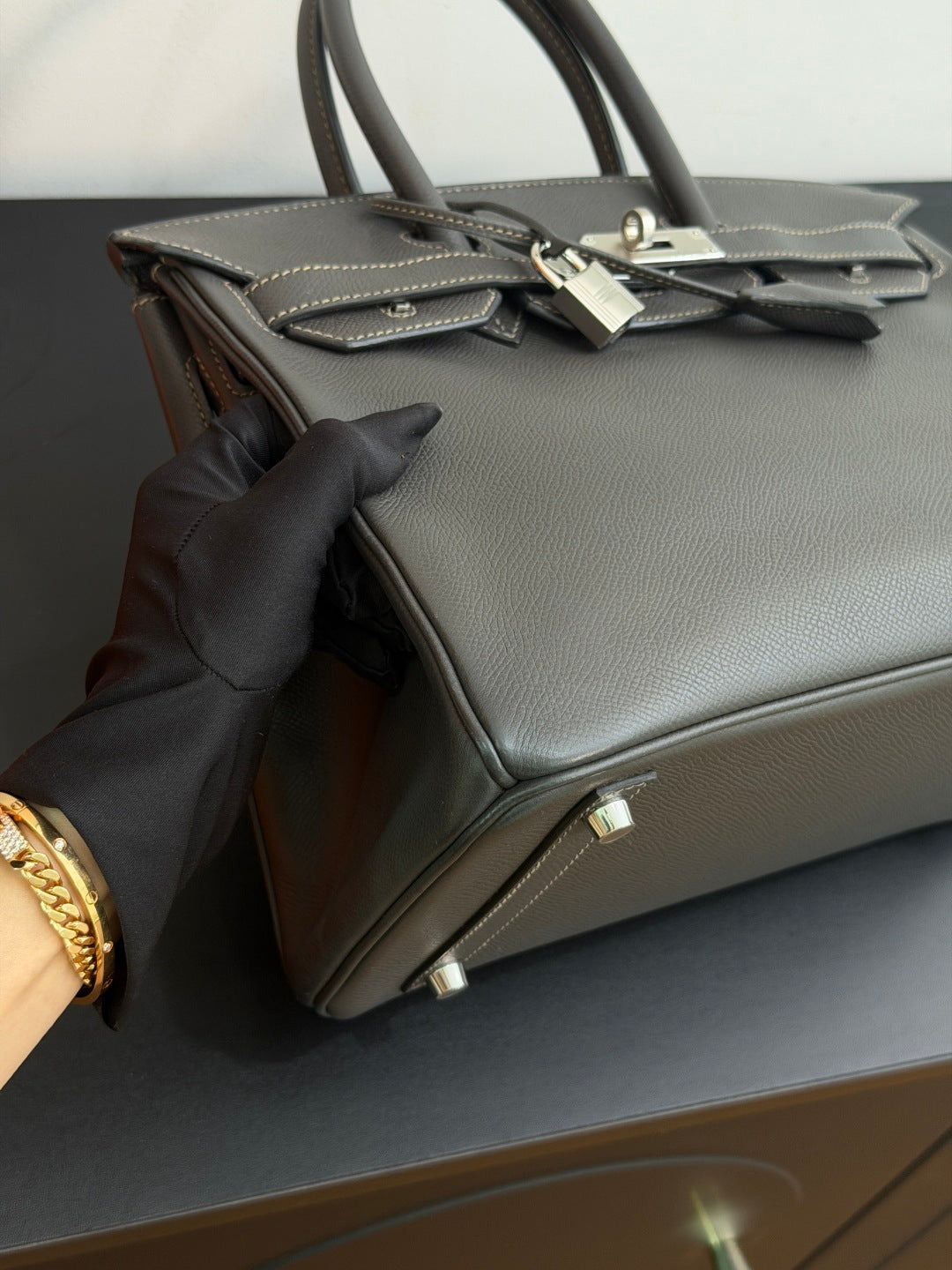 Hermes Birkin30 Epsom Leather Gray Handbag Silver Hardware Good Condition