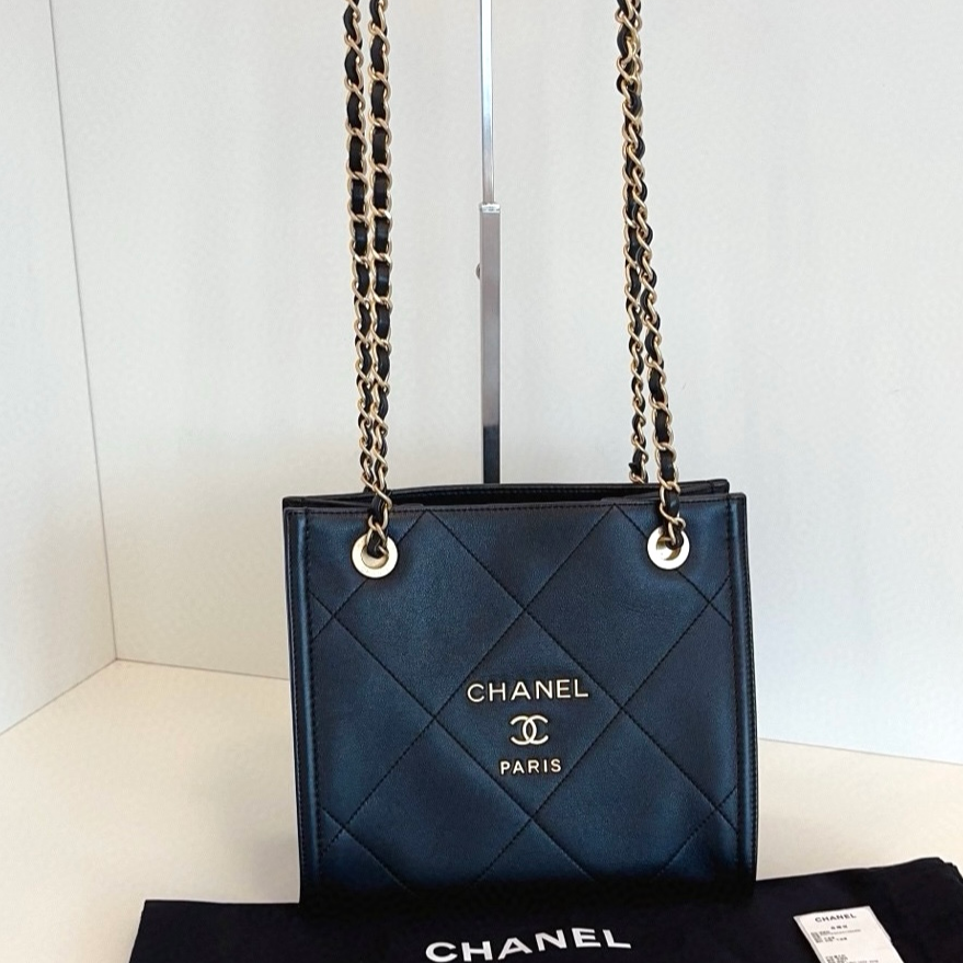 Chanel Calfskin Tote PM Chain Shoulder Bag Diamond Black Gold Women Classic