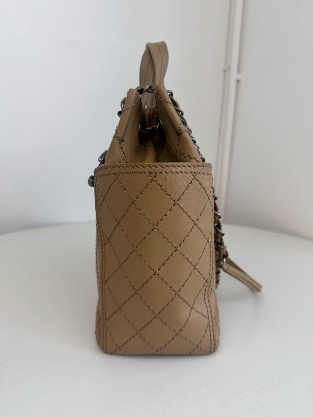 Chanel Calfskin PM Tote Handbag Chain Shoulder Bag Beige Silver Hardware