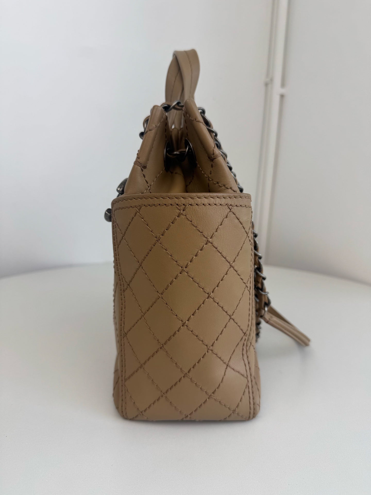 Chanel Calfskin PM Tote Handbag Chain Shoulder Bag Beige Silver Hardware