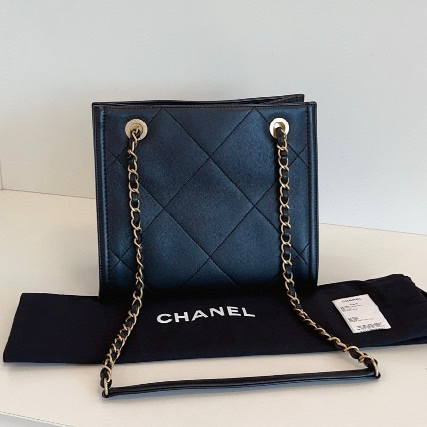Chanel Calfskin Tote PM Chain Shoulder Bag Diamond Black Gold Women Classic