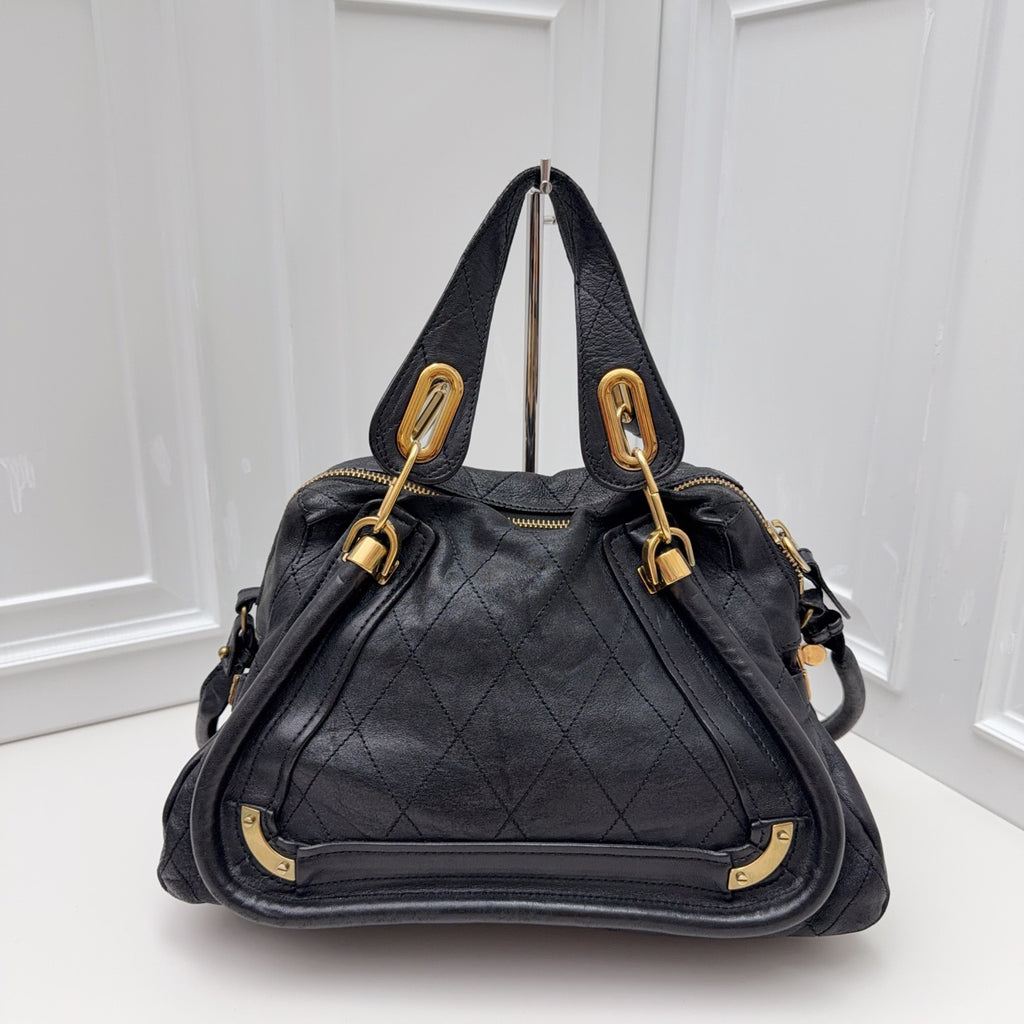 Chloe Paraty Calfskin Top Handle Shoulder Bag Black Gold Women Classic