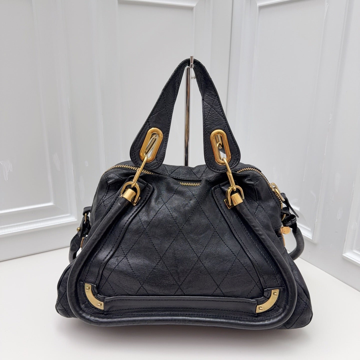 Chloe Paraty Calfskin Top Handle Shoulder Bag Black Gold Women Classic