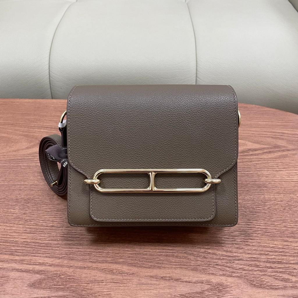 Hermes Roulis19 Evercolor Shoulder Bag Crossbody Gray Gold Women Classic Fashion