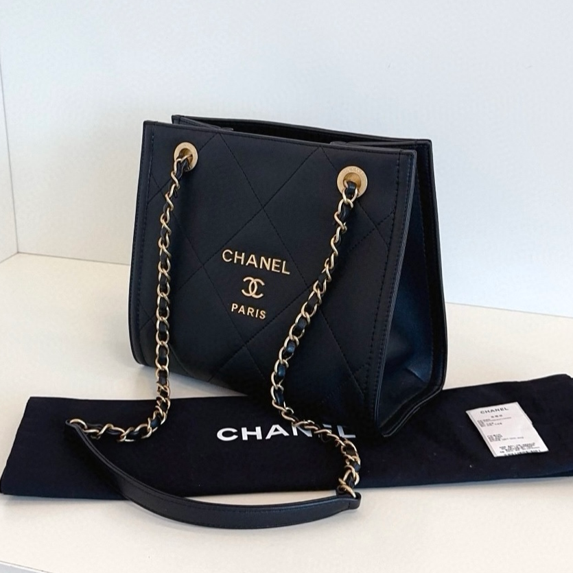 Chanel Calfskin Tote PM Chain Shoulder Bag Diamond Black Gold Women Classic