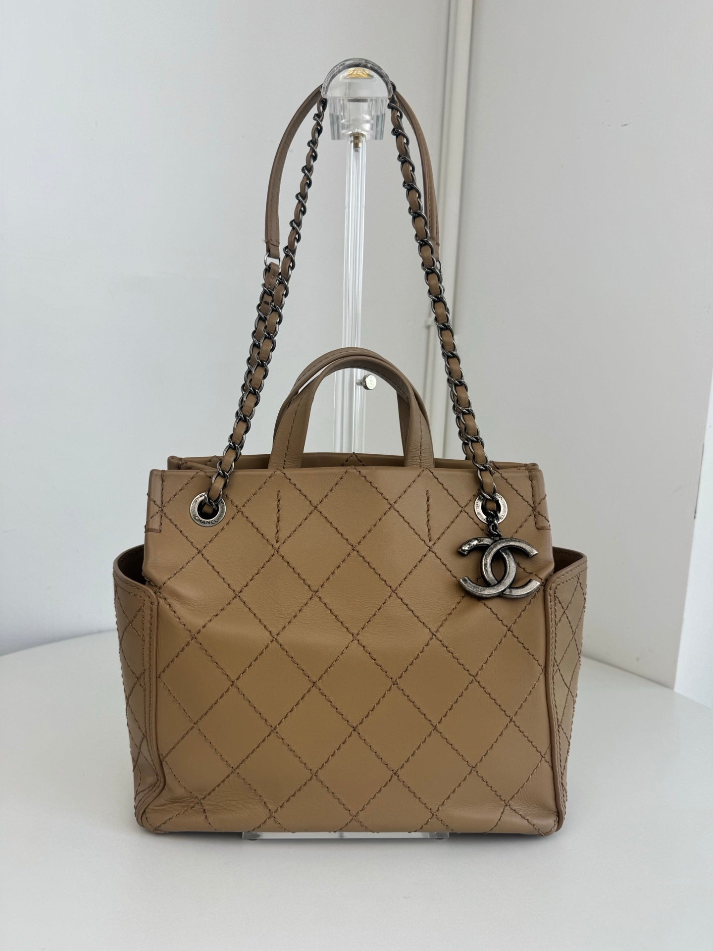 Chanel Calfskin PM Tote Handbag Chain Shoulder Bag Beige Silver Hardware