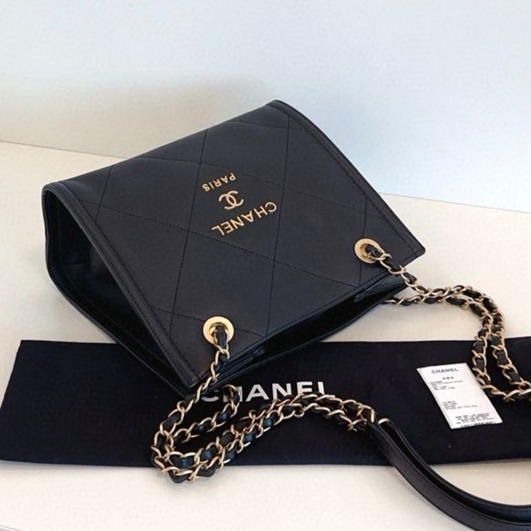 Chanel Calfskin Tote PM Chain Shoulder Bag Diamond Black Gold Women Classic