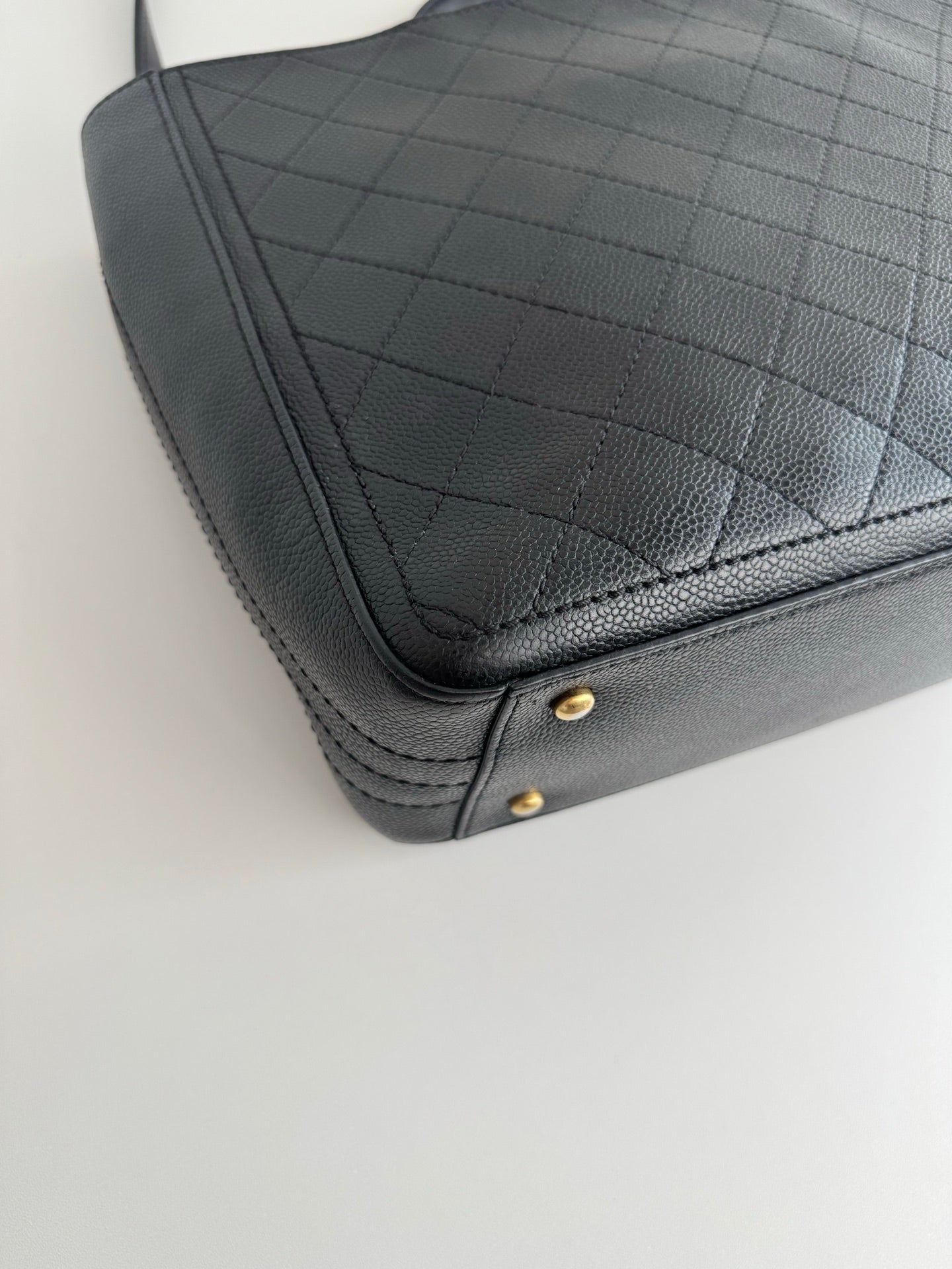 Chanel Diamond Calfskin Tote Top Handle Crossbody Black Gold Classic Women