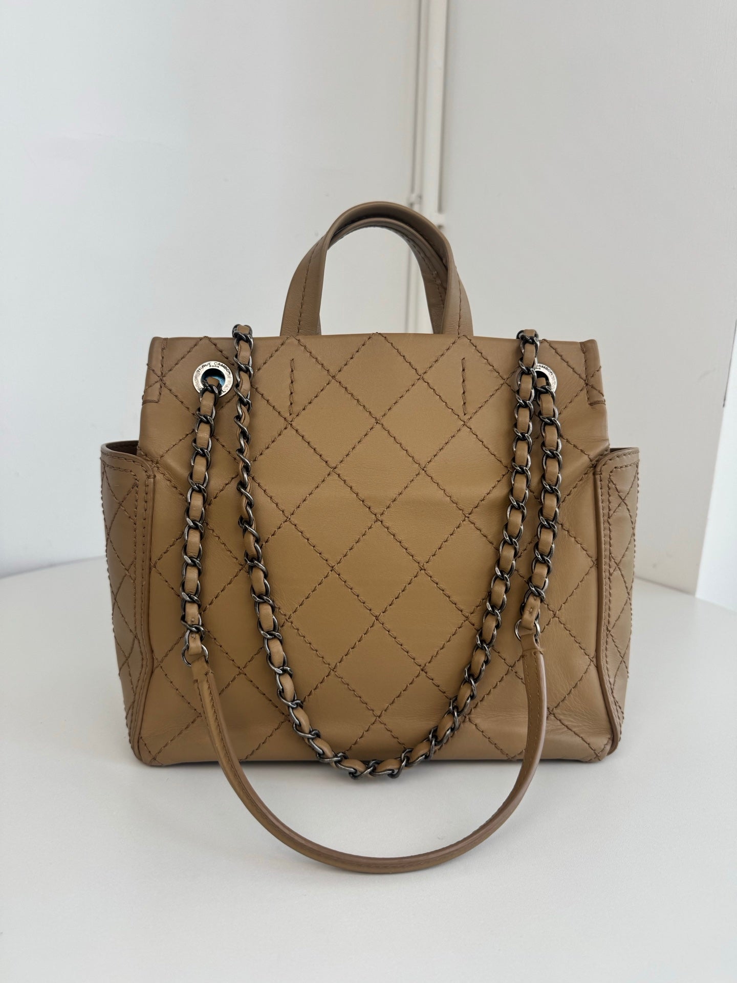 Chanel Calfskin PM Tote Handbag Chain Shoulder Bag Beige Silver Hardware