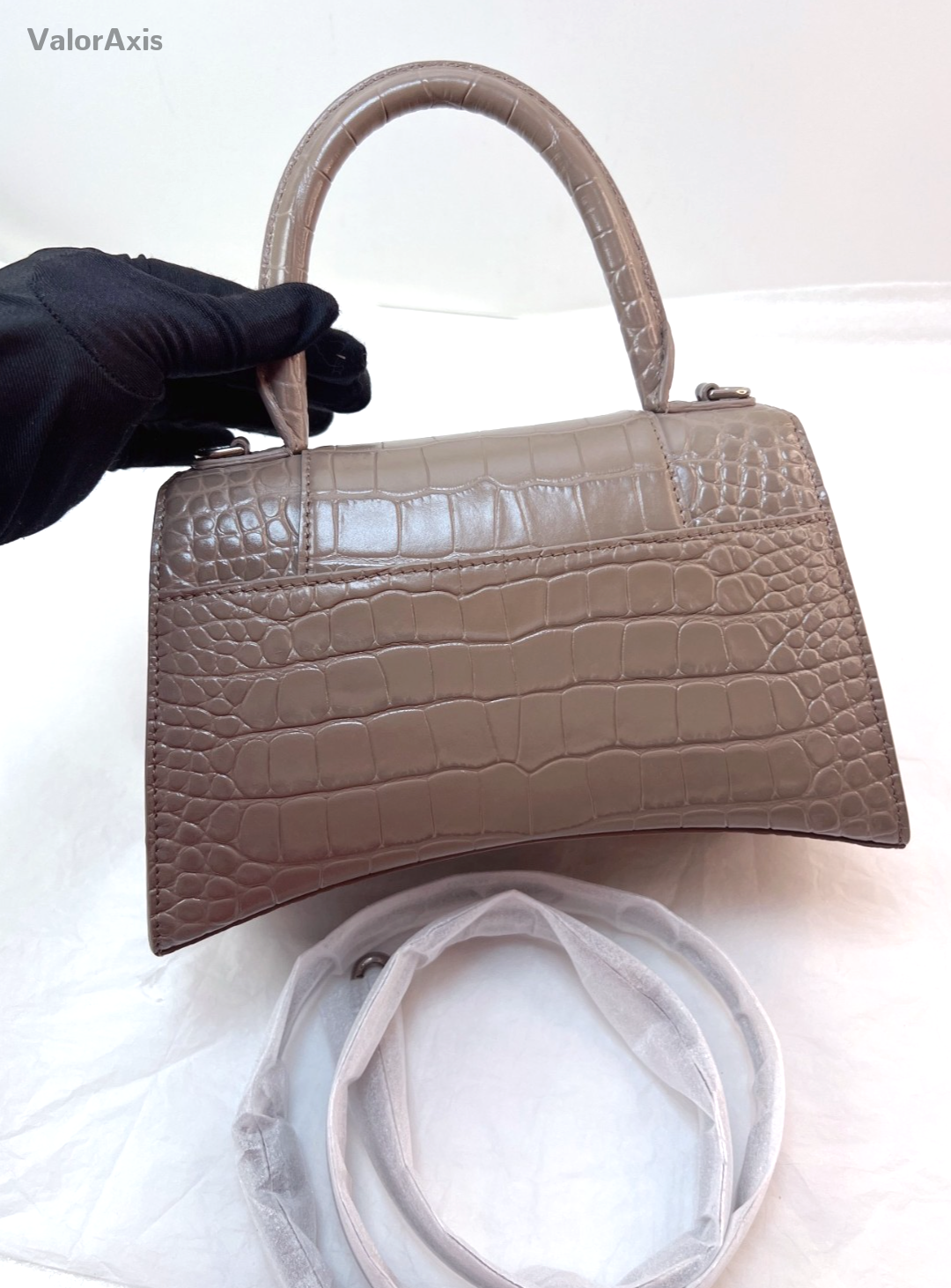Balenciaga Croc-Embossed Hourglass Bag Top Handle Shoulder Bag Milk Tea Gray