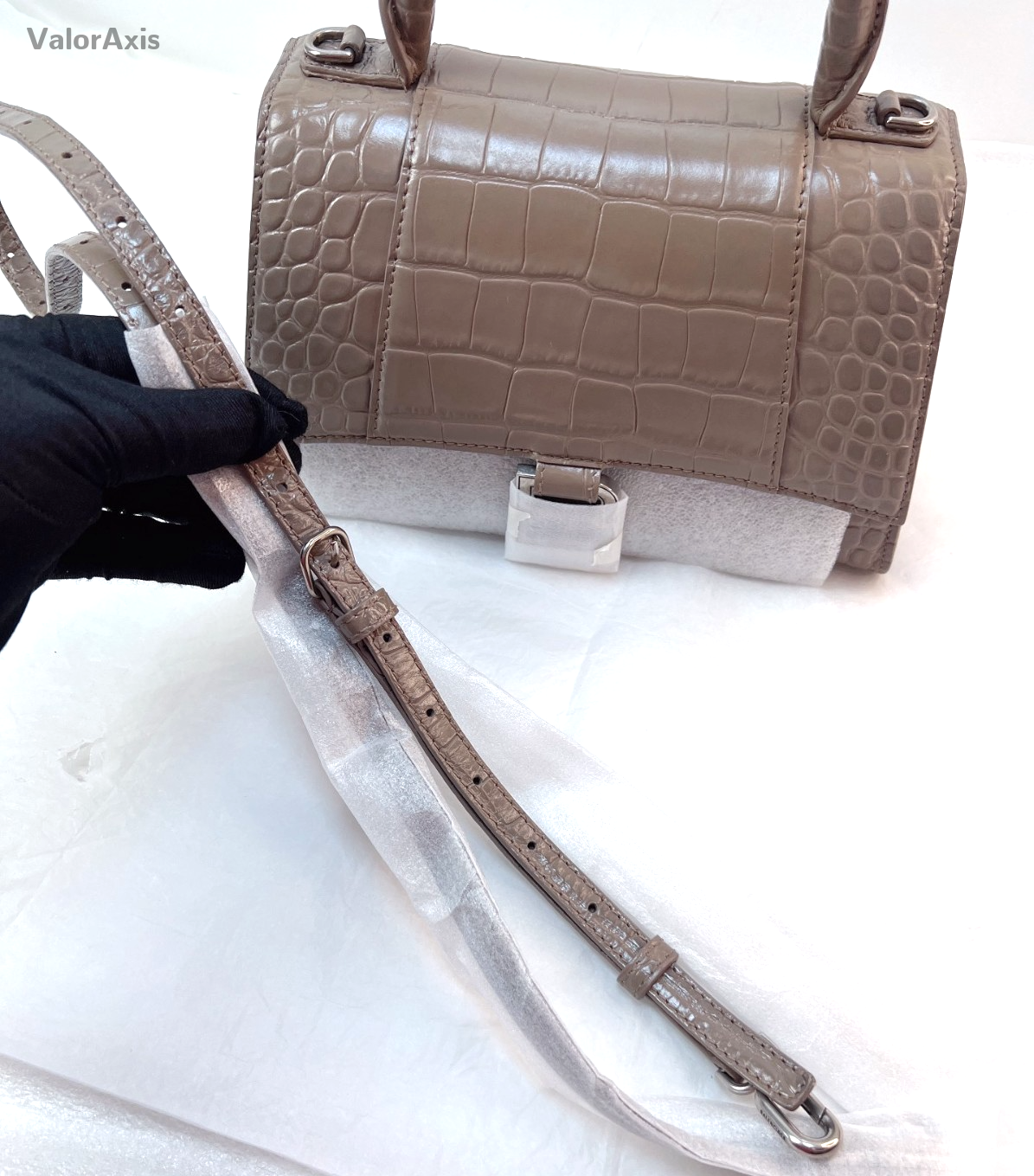 Balenciaga Croc-Embossed Hourglass Bag Top Handle Shoulder Bag Milk Tea Gray