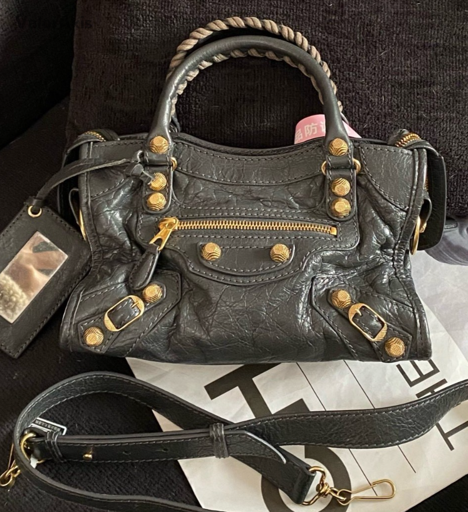 Balenciaga City 2Way Top Handle Bag Crossbody Gray Gold Women Classic